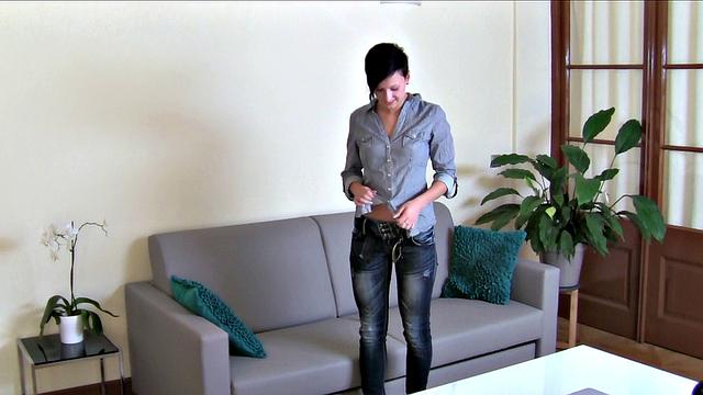 Big-titted stripper goes wild on agent's dick in denim shorts