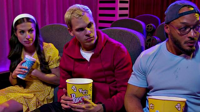 Bisex IR babe fucked in hairy muff during cinema three-way