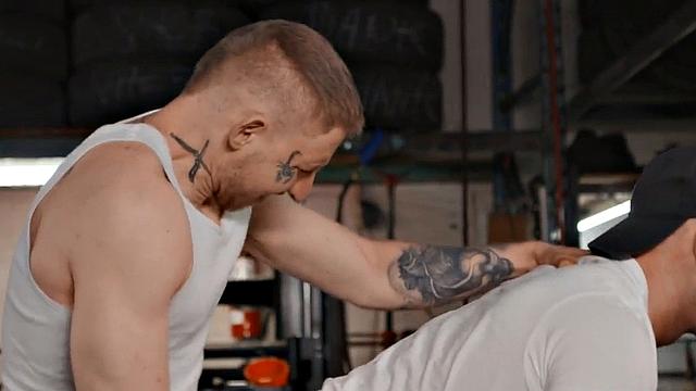 Rimjob mechanic barebacks his colleague on work