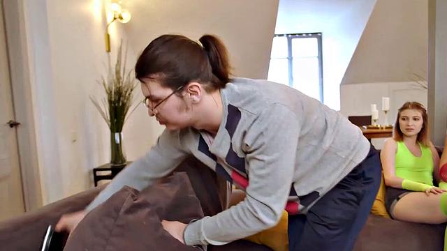 Three hot babes in lingerie, stockings, and glasses get kinky with pussy licking, pussy fingering, and glasses play in the living