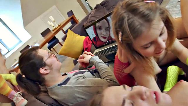 Three hot babes in lingerie, stockings, and glasses get kinky with pussy licking, pussy fingering, and glasses play in the living