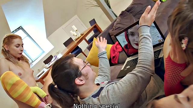 Three hot babes in lingerie, stockings, and glasses get kinky with pussy licking, pussy fingering, and glasses play in the living