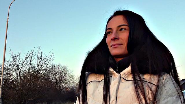 Brunette with small tits gets her wet pussy pounded by agent's balls