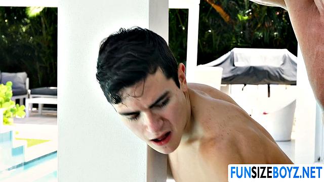 Poor petite twink gets banged by two big cocks