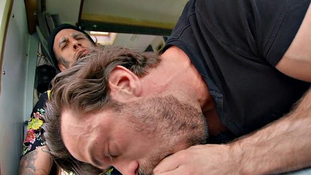 Blindfolded inked hunk gets pounded hard in car before getting drilled in doggystyle