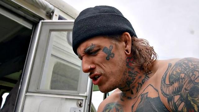 Blindfolded inked hunk gets pounded hard in car before getting drilled in doggystyle