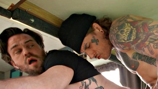 Blindfolded inked hunk gets pounded hard in car before getting drilled in doggystyle