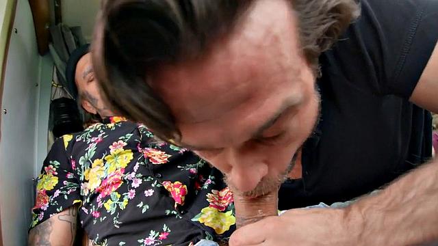 Blindfolded inked hunk gets pounded hard in car before getting drilled in doggystyle