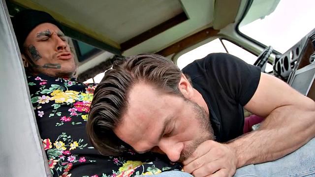 Blindfolded inked hunk gets pounded hard in car before getting drilled in doggystyle