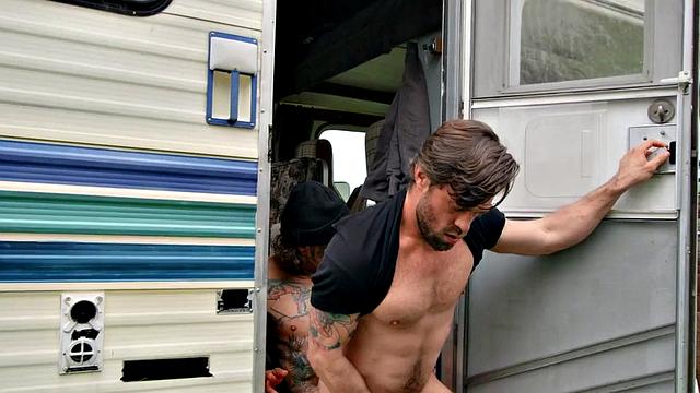 Blindfolded inked hunk gets pounded hard in car before getting drilled in doggystyle