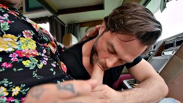 Blindfolded inked hunk gets pounded hard in car before getting drilled in doggystyle