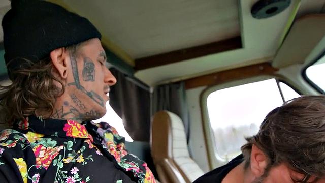 Blindfolded inked hunk gets pounded hard in car before getting drilled in doggystyle