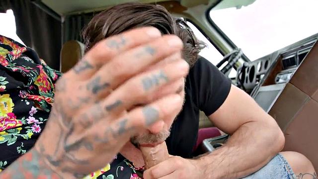Blindfolded inked hunk gets pounded hard in car before getting drilled in doggystyle