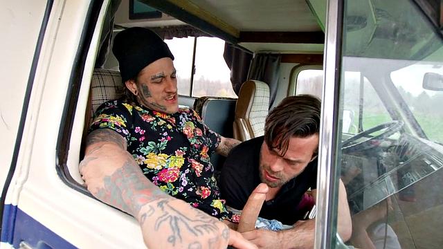 Blindfolded inked hunk gets pounded hard in car before getting drilled in doggystyle