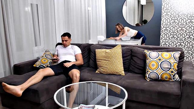 Stepbrother's help: Russian teen with small tits gets her skirt ripped while getting a handjob on the couch