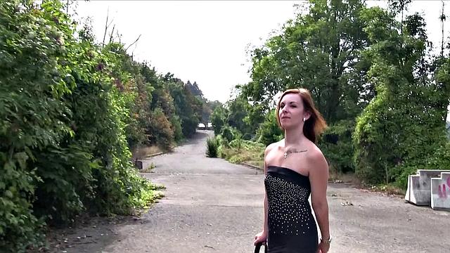 Brunette having outdoor sex in the bushes