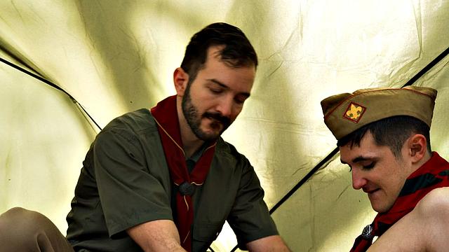 Elder scout barebacks twinks tight ass in tent