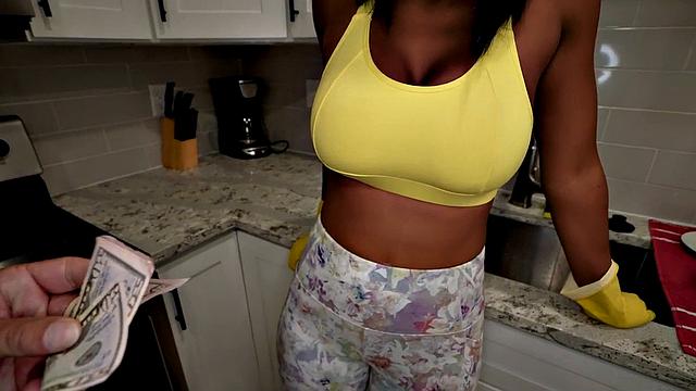 Deepthroating ebony housekeeper rides her boss's cock