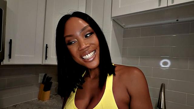 Deepthroating ebony housekeeper rides her boss's cock