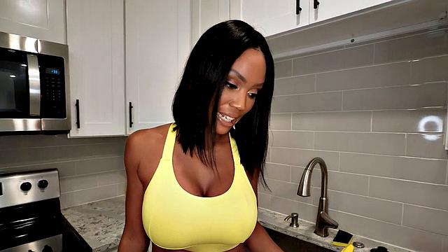 Deepthroating ebony housekeeper rides her boss's cock