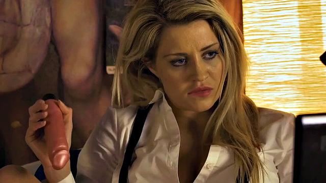 Busty secretary babe fucked by coworker after work at home