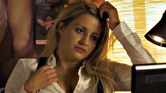 Busty secretary babe fucked by coworker after work at home