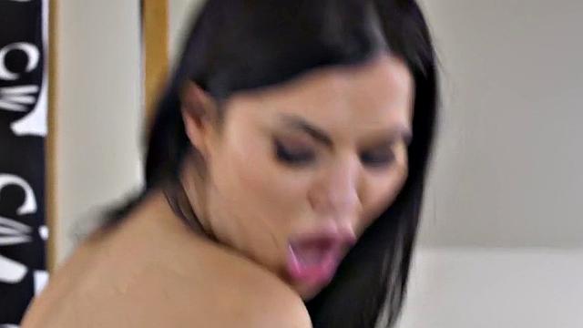 Busty secretary babe fucked by coworker after work at home