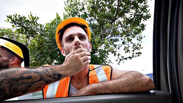 Straight worker fucks daddy ass in public van outdoor