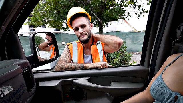 Straight worker fucks daddy ass in public van outdoor