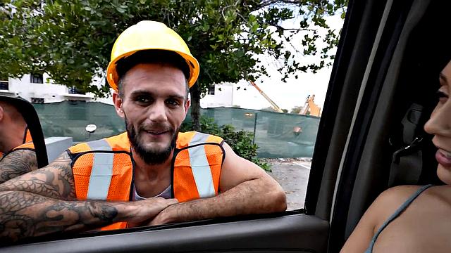 Straight worker fucks daddy ass in public van outdoor