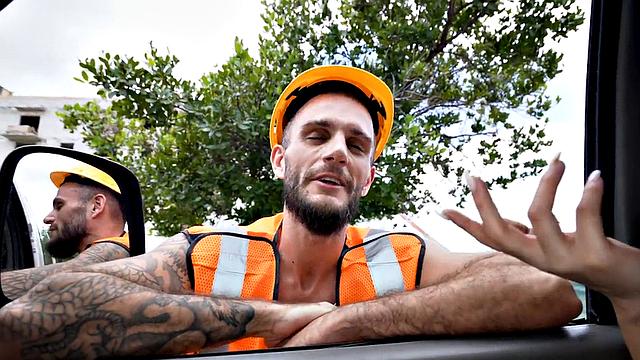 Straight worker fucks daddy ass in public van outdoor