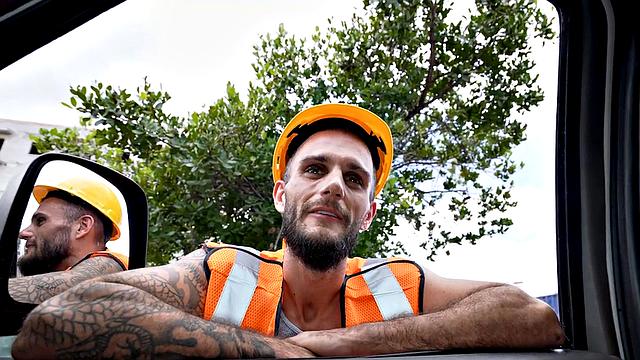 Straight worker fucks daddy ass in public van outdoor