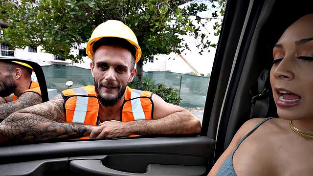 Straight worker fucks daddy ass in public van outdoor