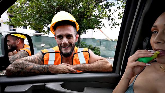 Straight worker fucks daddy ass in public van outdoor