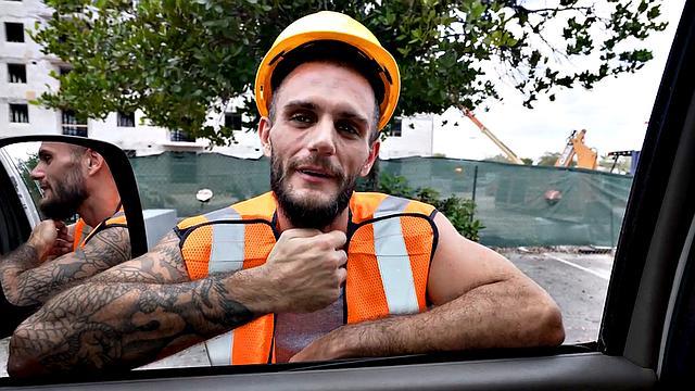 Straight worker fucks daddy ass in public van outdoor