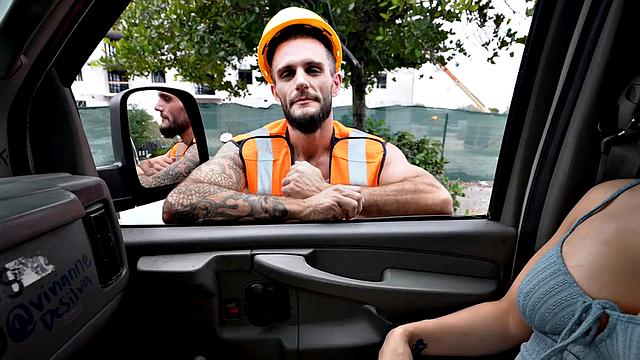 Straight worker fucks daddy ass in public van outdoor