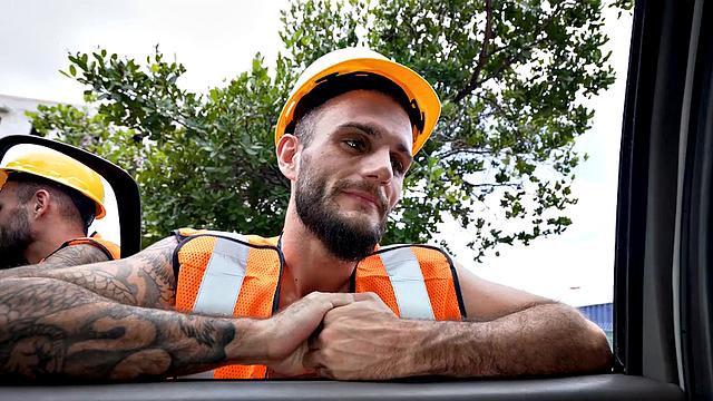 Straight worker fucks daddy ass in public van outdoor