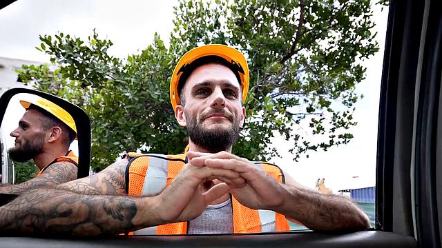 Straight worker fucks daddy ass in public van outdoor