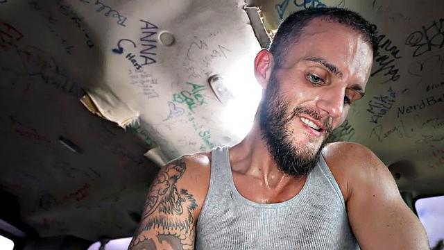 Straight worker fucks daddy ass in public van outdoor