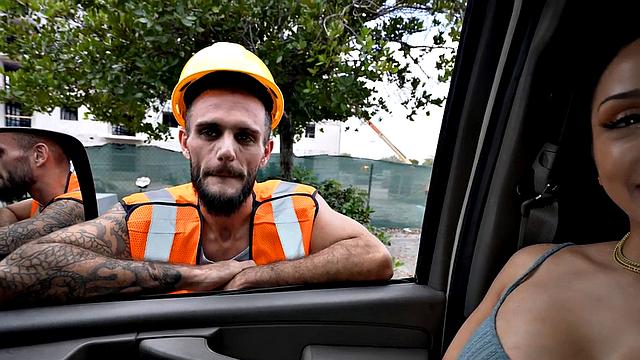 Straight worker fucks daddy ass in public van outdoor