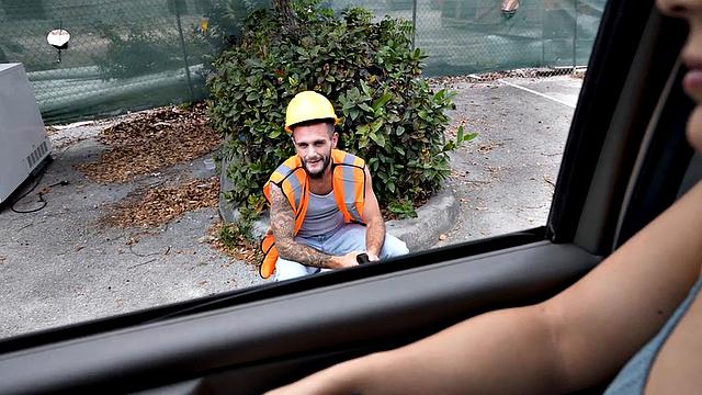 Straight worker fucks daddy ass in public van outdoor