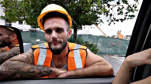 Straight worker fucks daddy ass in public van outdoor