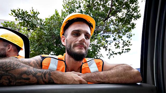 Straight worker fucks daddy ass in public van outdoor