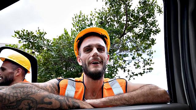 Straight worker fucks daddy ass in public van outdoor