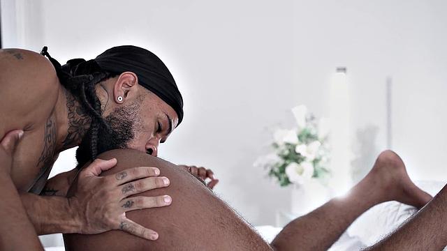 Muscled ebony barebacked by his man