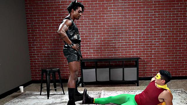 Cosplay stud barebacked in IR sex by muscled top