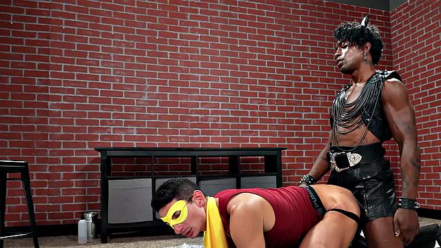Cosplay stud barebacked in IR sex by muscled top