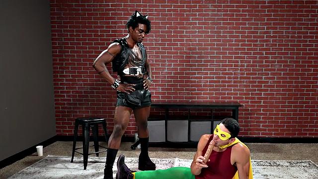 Cosplay stud barebacked in IR sex by muscled top