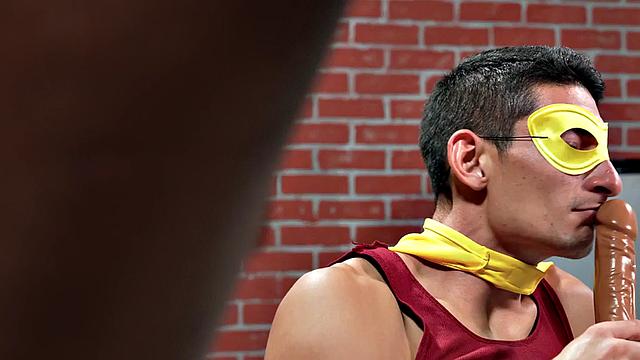 Cosplay stud barebacked in IR sex by muscled top