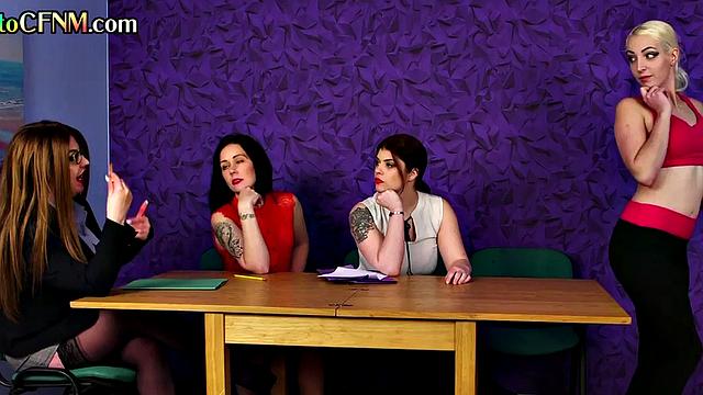 CFNM flexible babe throats cock in group on casting